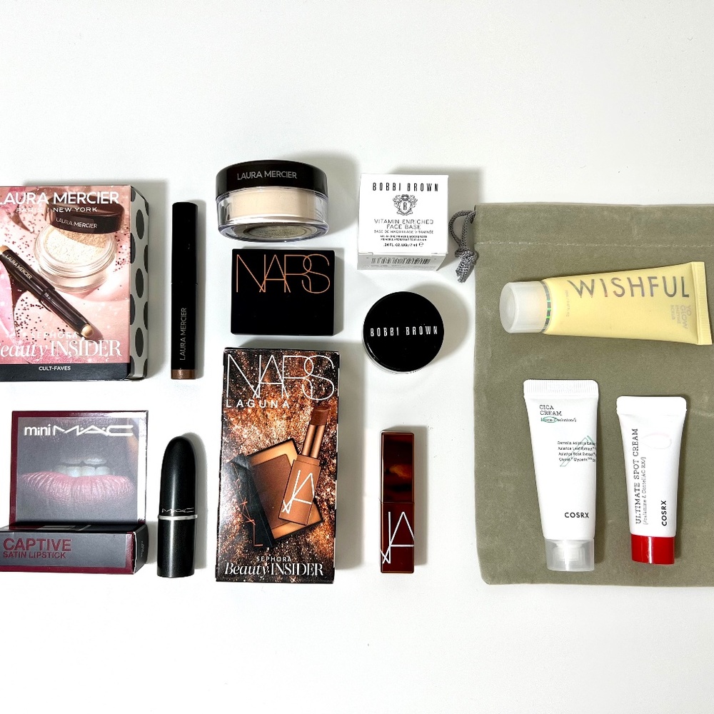 High-End Makeups and Skincare Travel Sized Bundle (10 pcs) + Pouch
